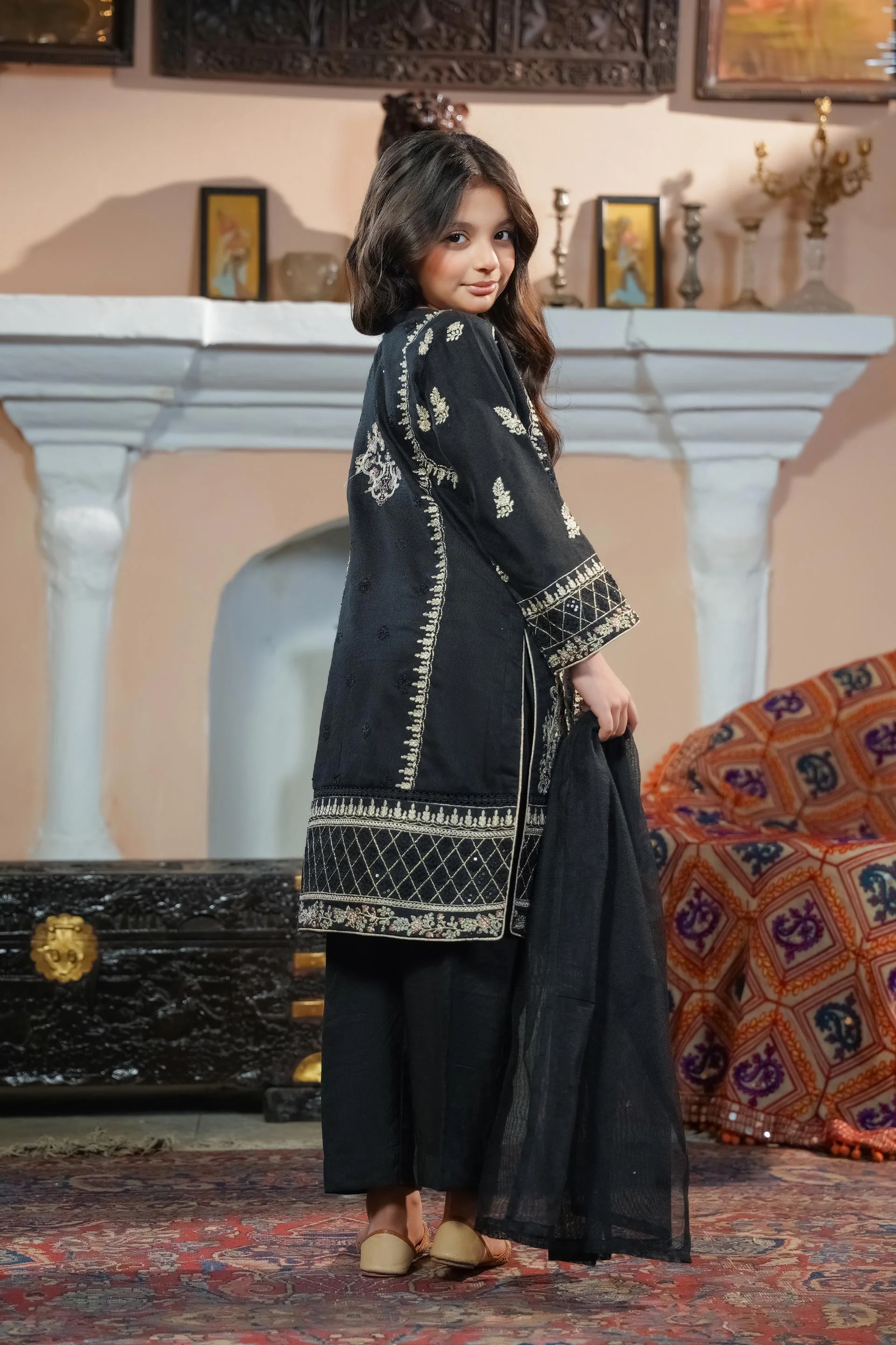 Motif Kids Cotton Net Embroidered Suit-054 - Image 4