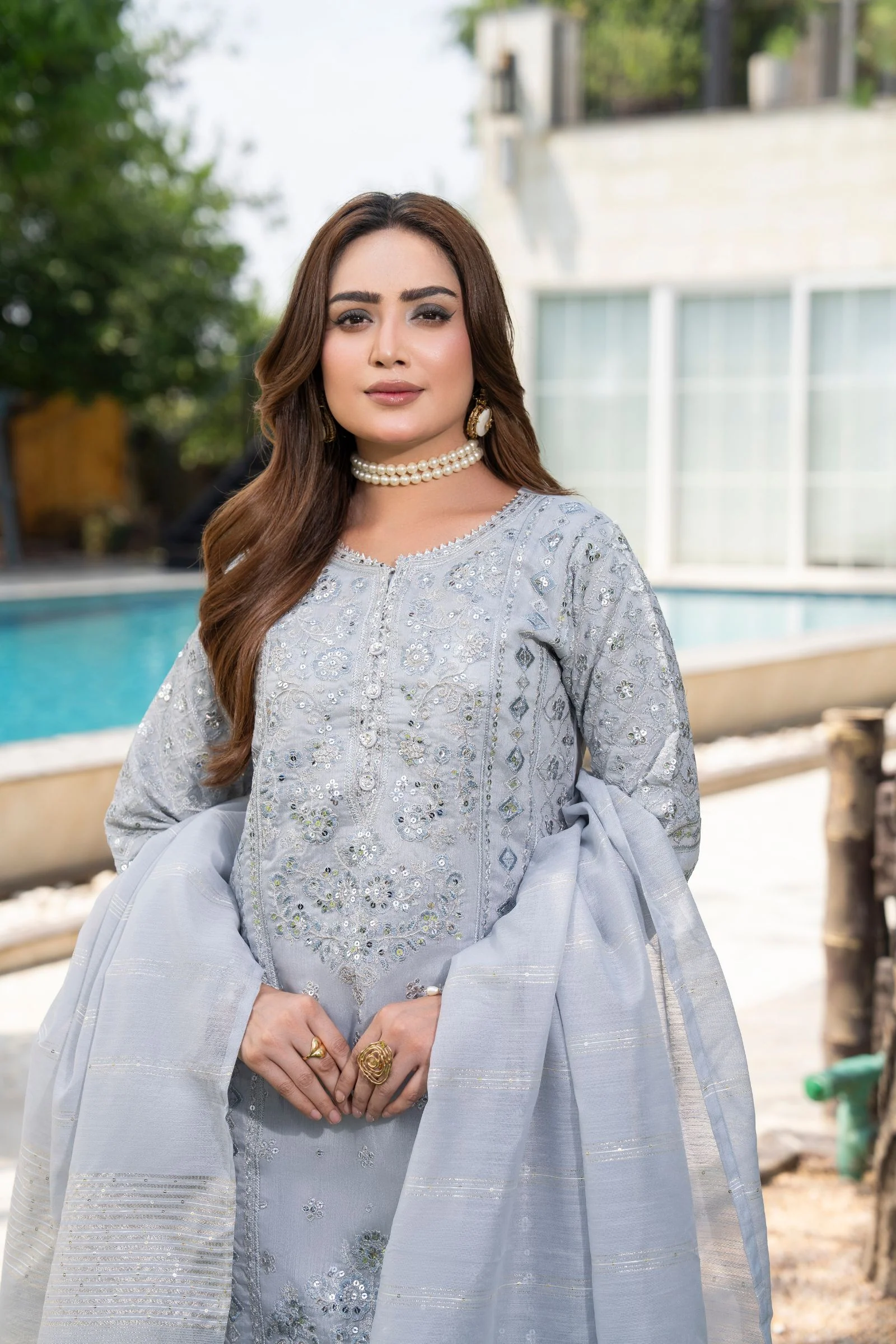 Motif Cotton Silk Embroidered Suit-4063 - Image 7