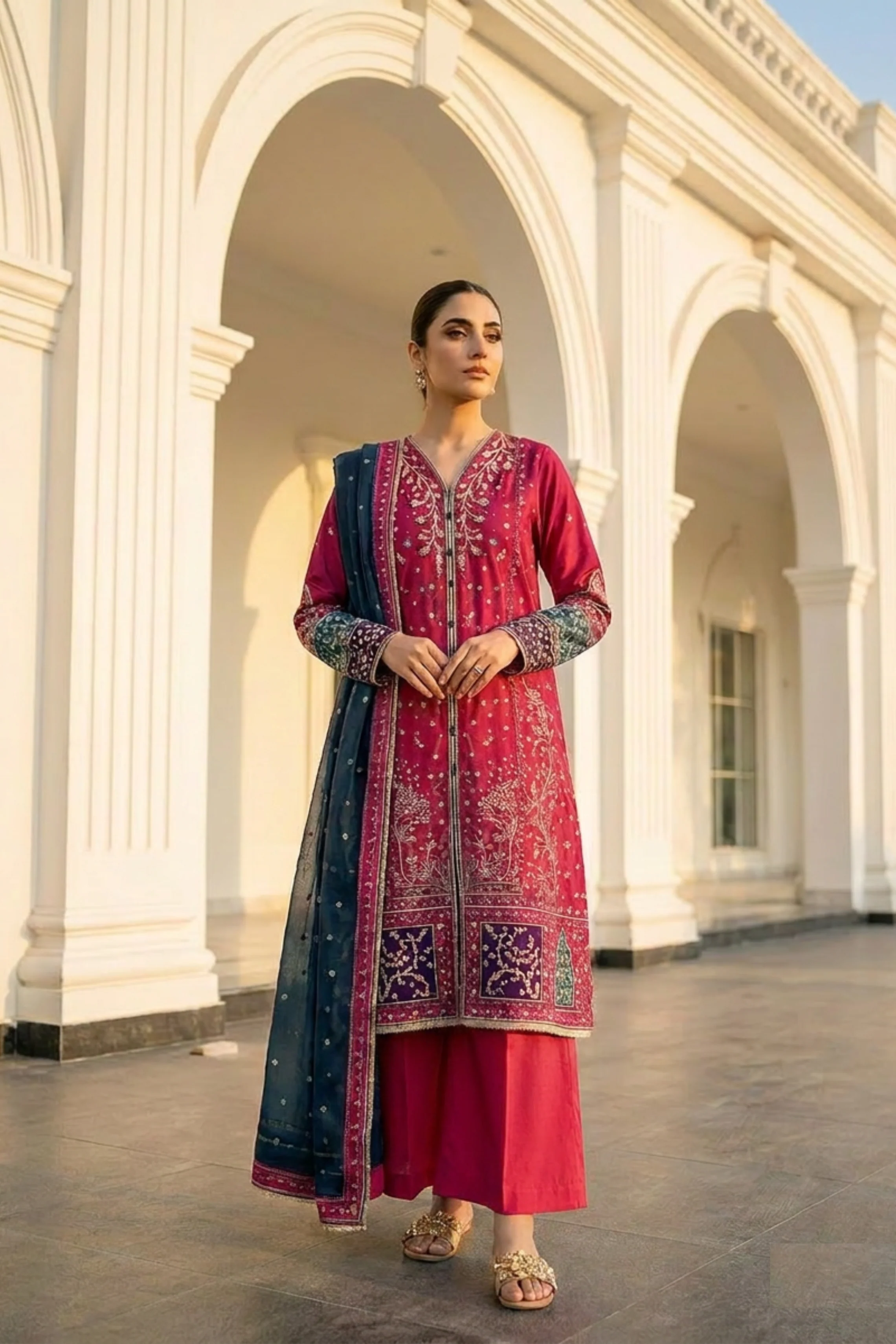 Motif Embroidered Cambric Suit-014