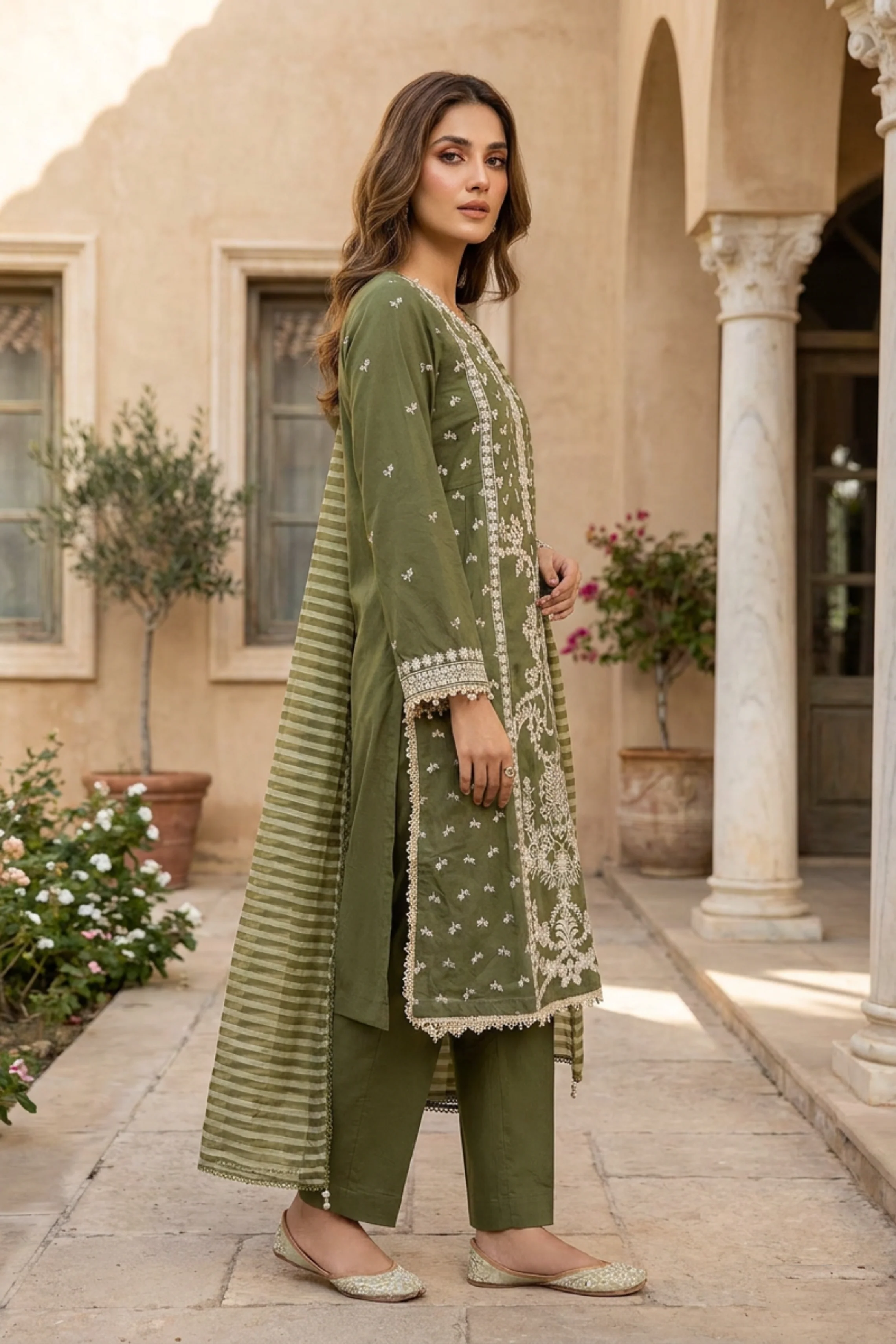 Motif Embroidered Cotton Suit-3832 - Image 4