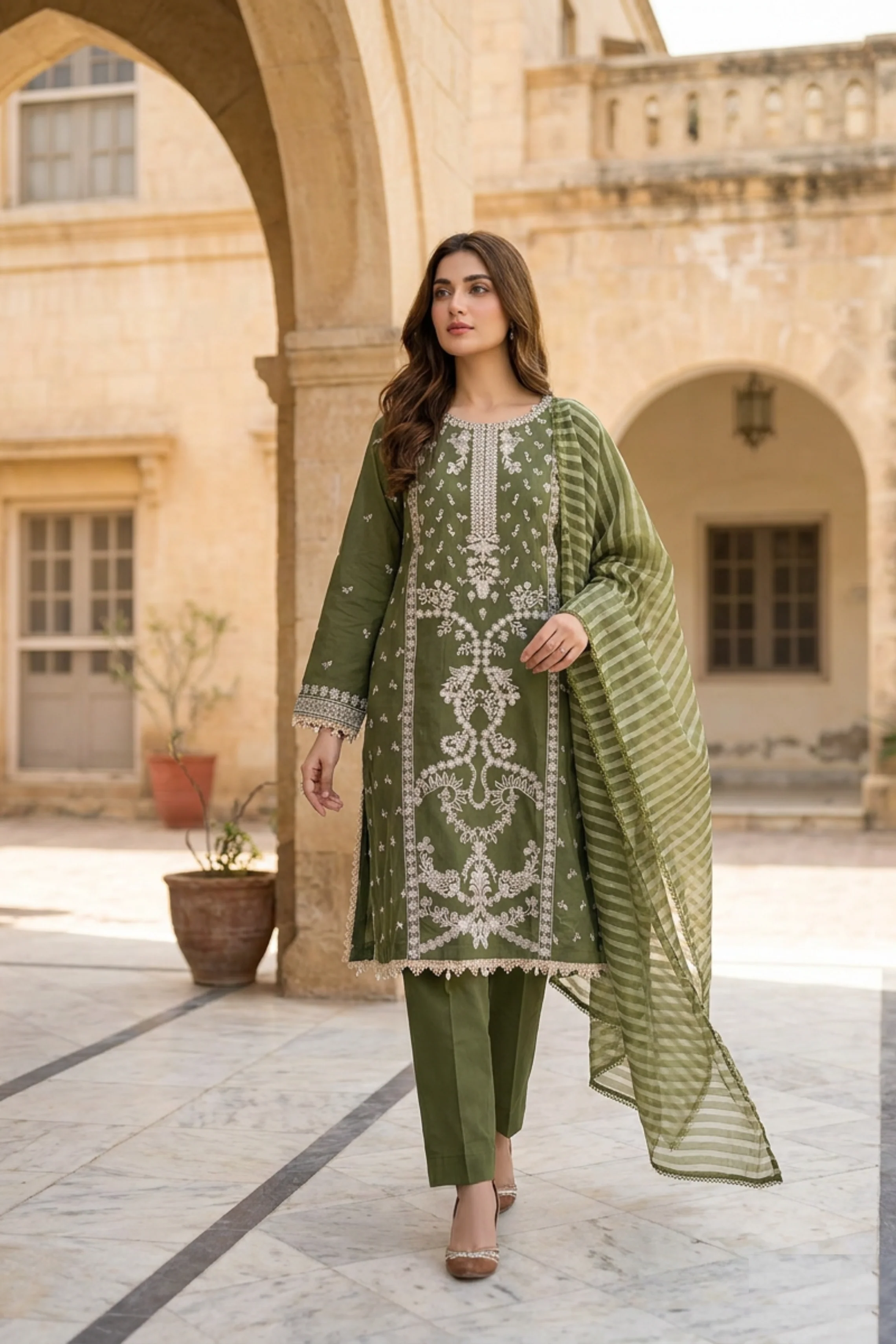 Motif Embroidered Cotton Suit-3832 - Image 5
