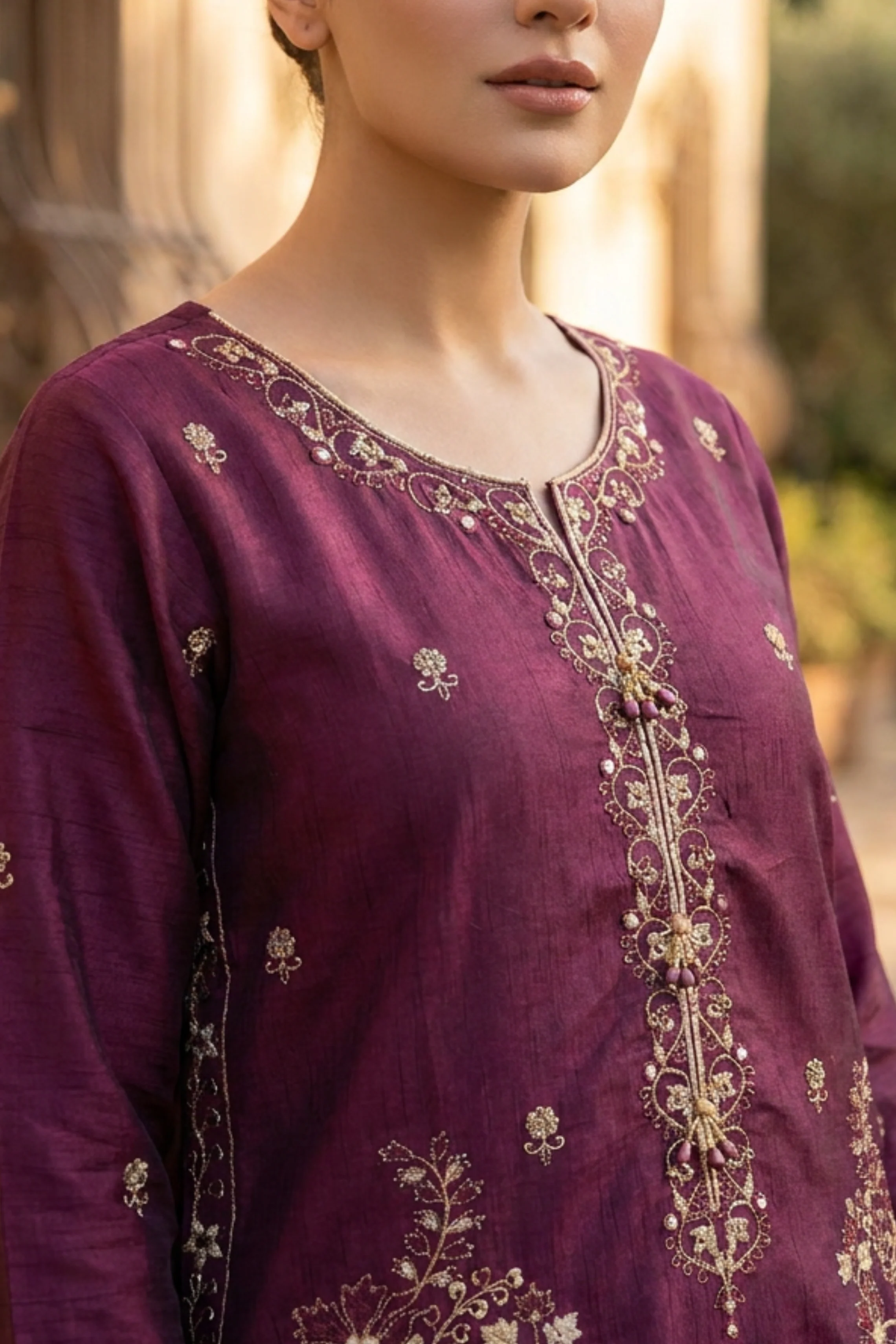 Motif Embroidered Raw Silk Suit-4118 - Image 2