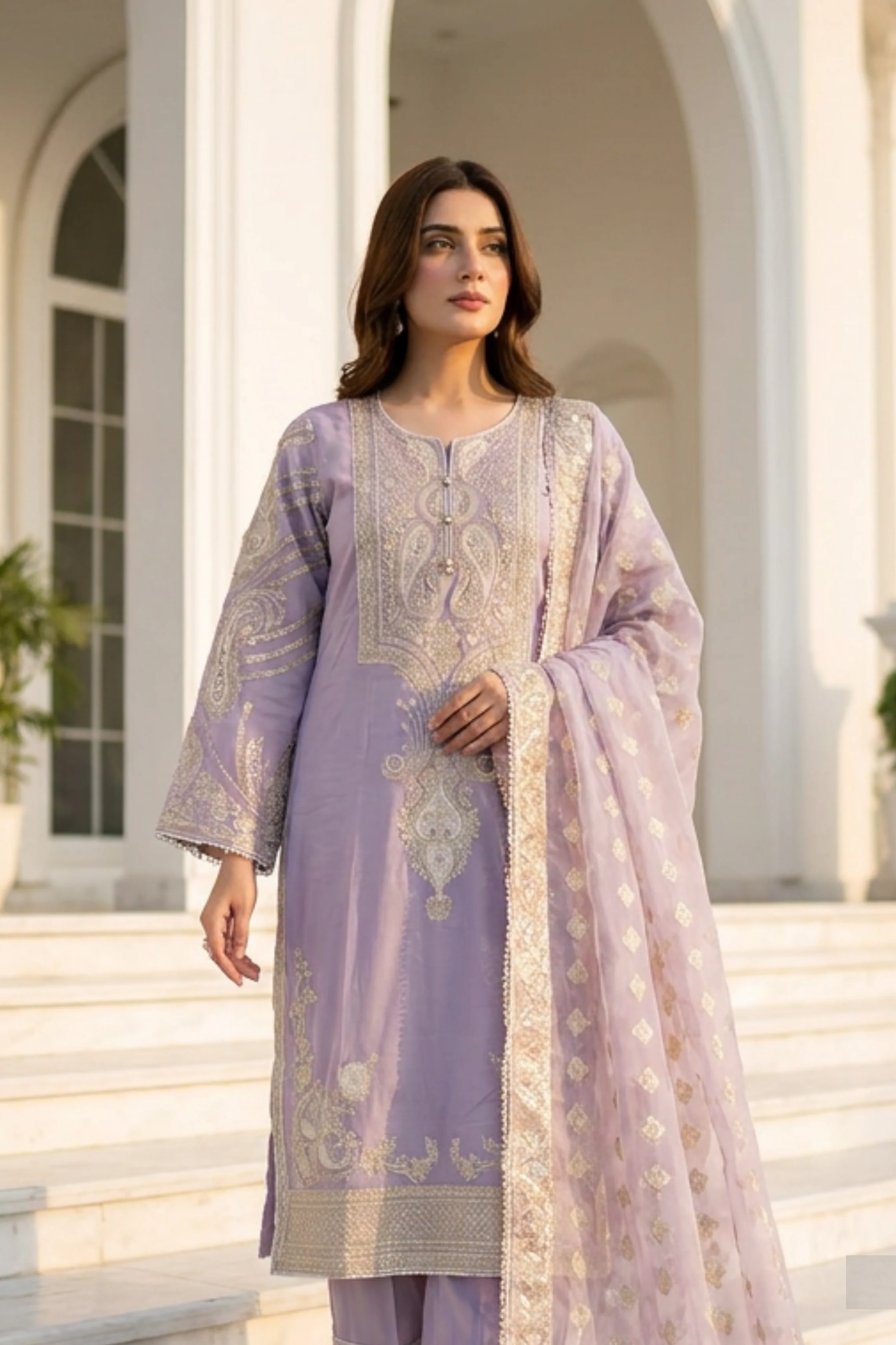 Motif Embroidered Viscose Suit-4033 - Image 3