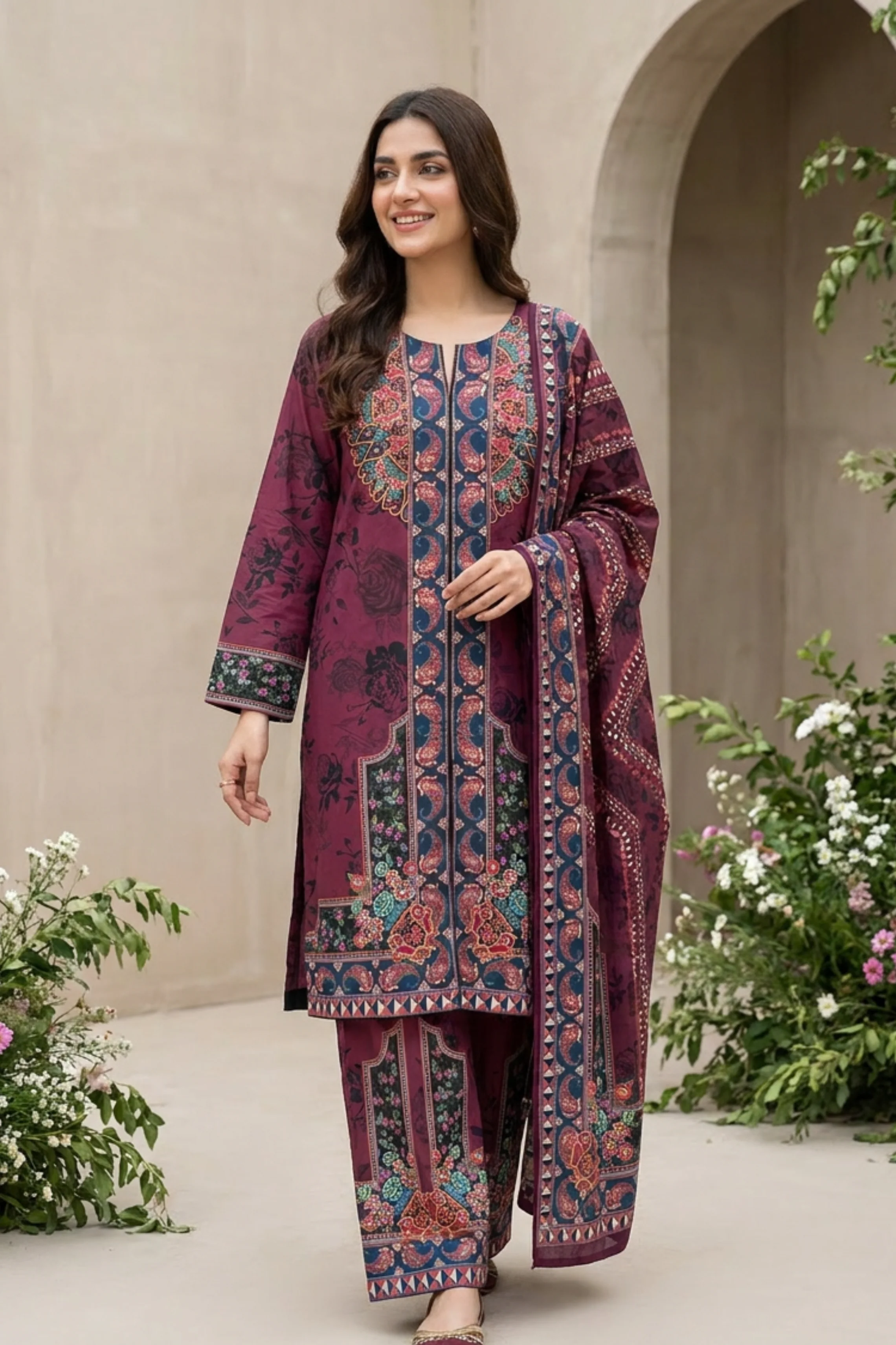 Motif Cambric Printed Suit-013 - Image 4