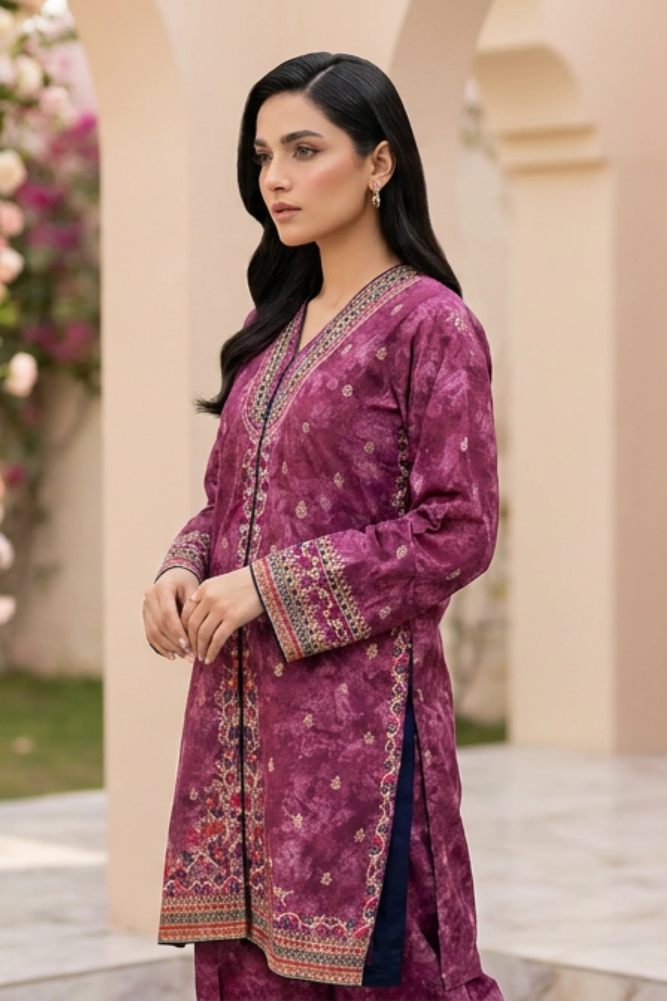 Motif Printed Embroidered Raw Silk Suit-230 - Image 2