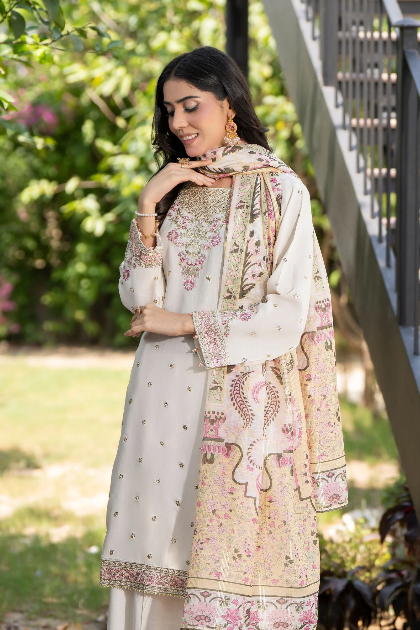Motif Raw Silk Embroidered Suit-4095 - Image 6
