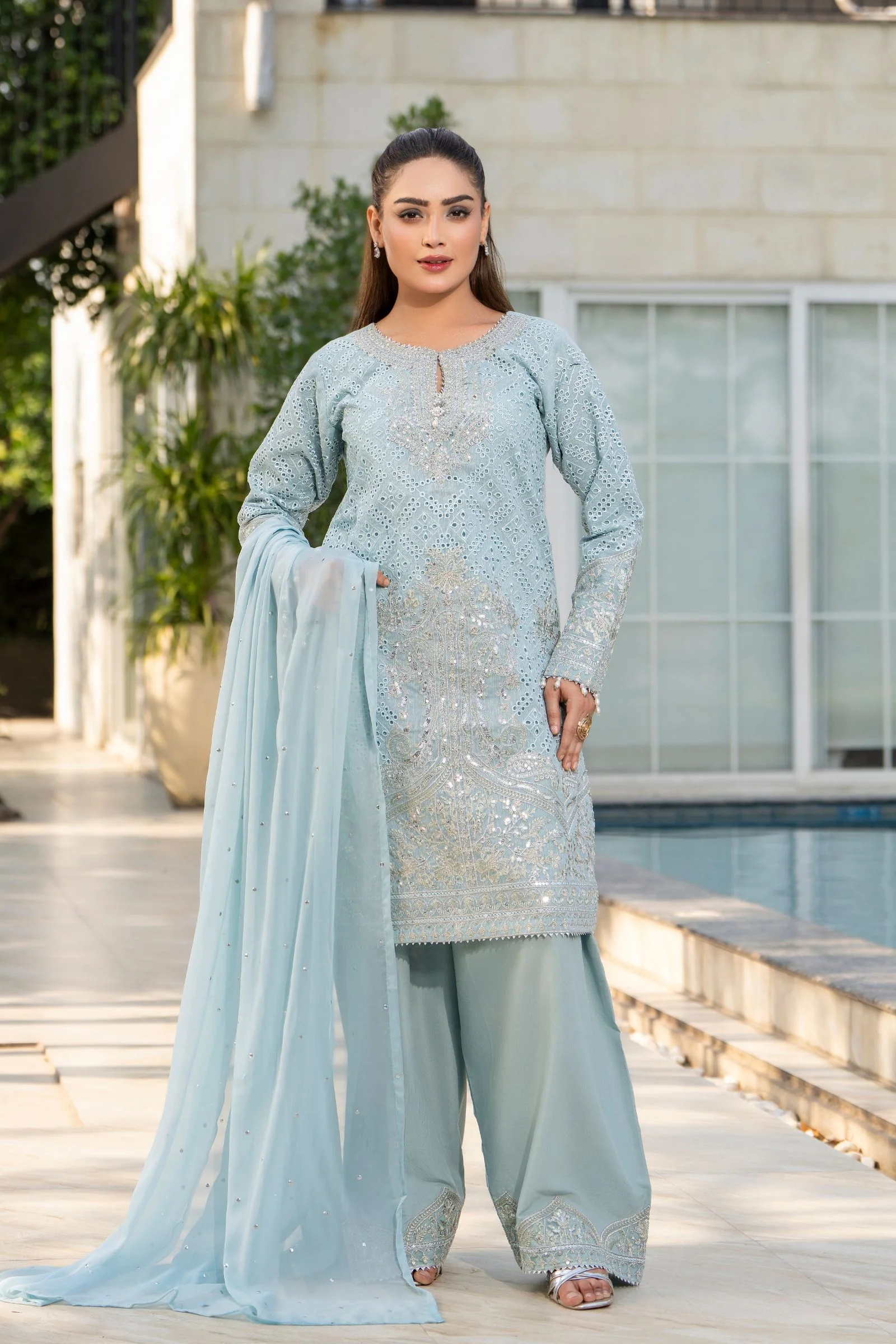 Motif Silk Cotton Embroidered Suit-4084