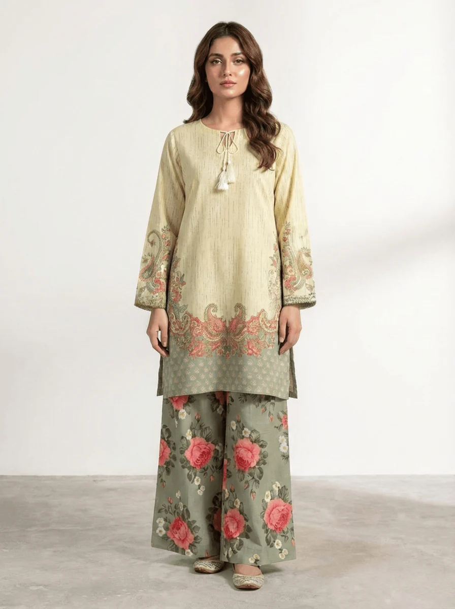 Motif Raw Silk Printed Co-ord Set-060