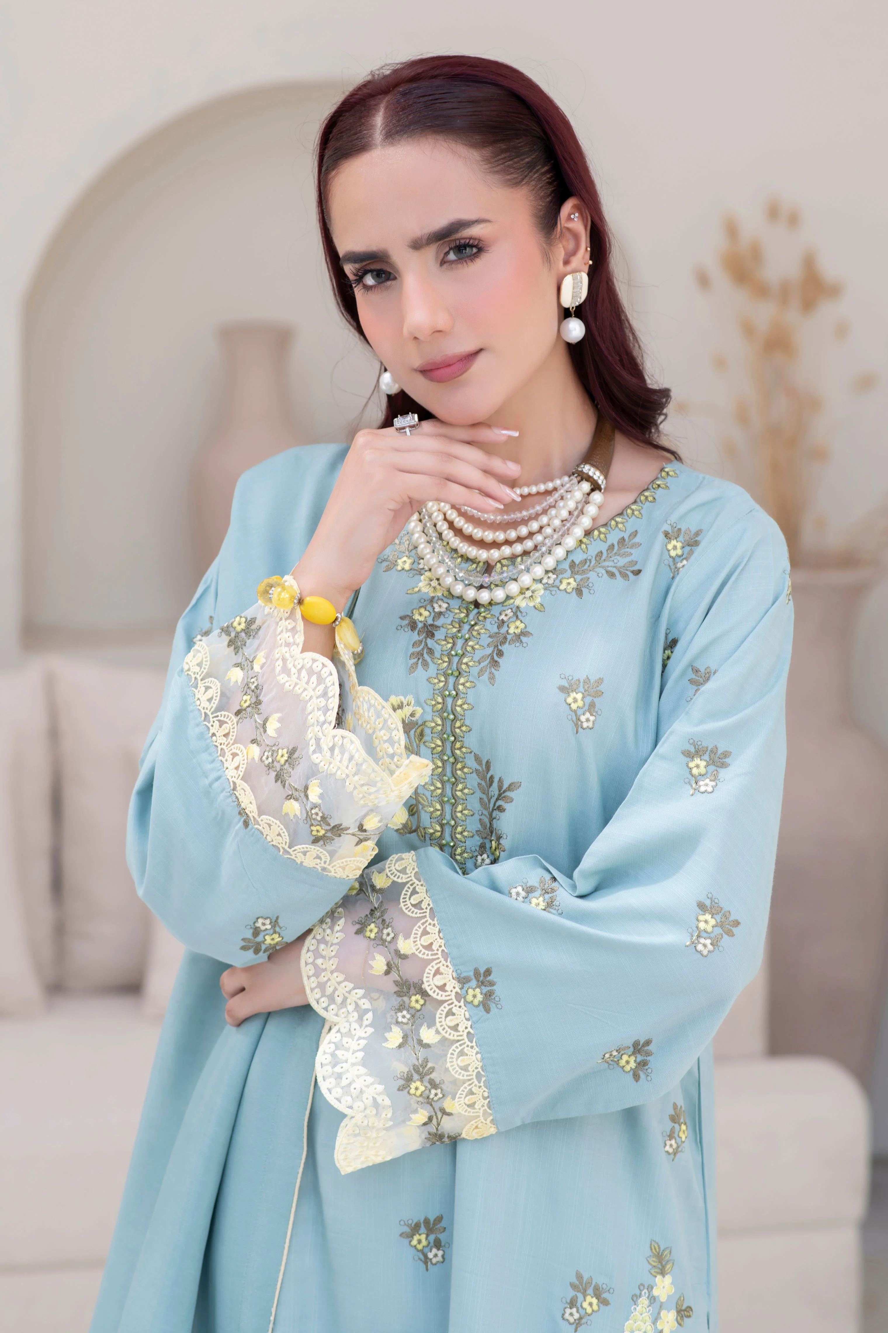 Motif Slub Linen Embroidered Suit-051 - Image 4