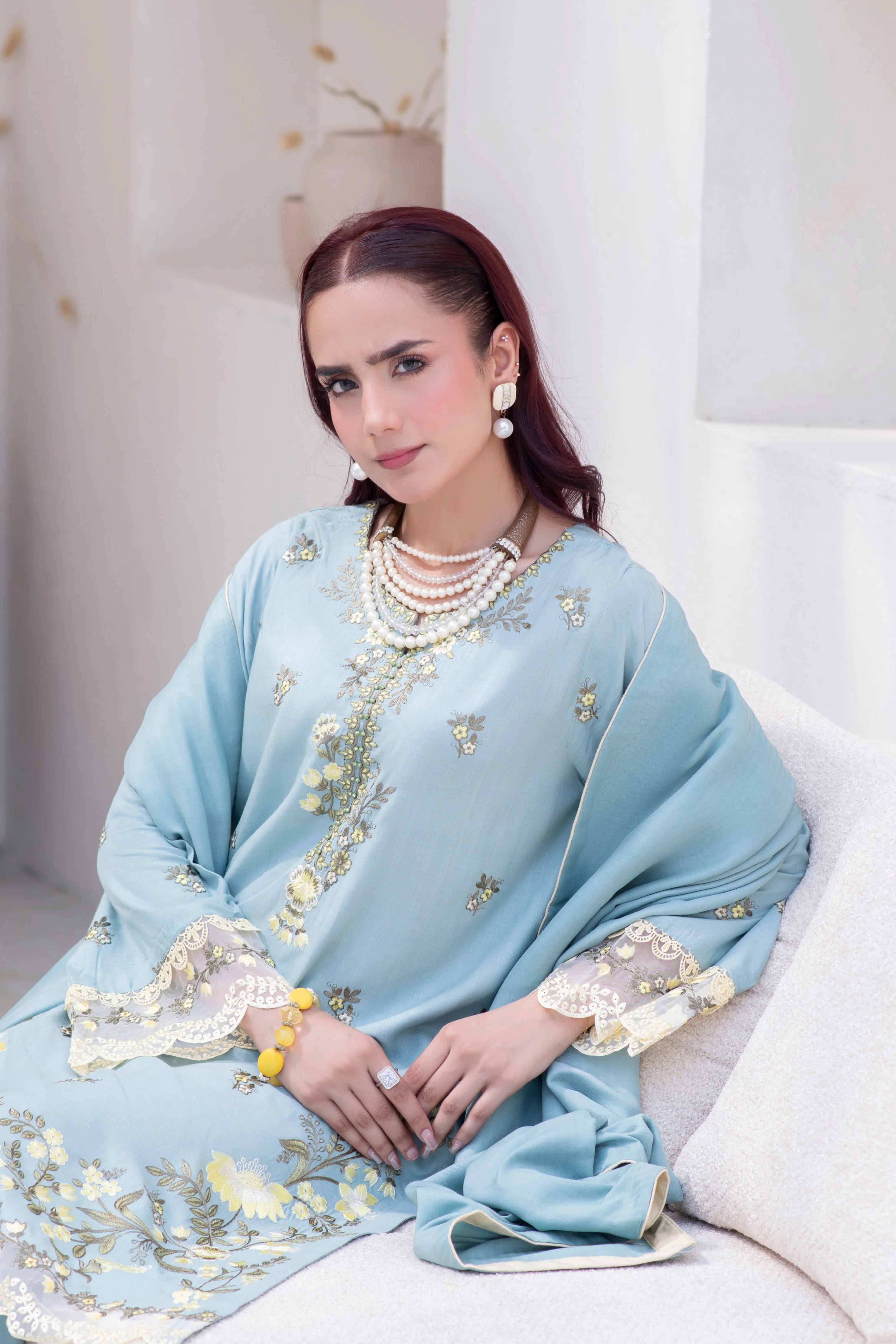 Motif Slub Linen Embroidered Suit-051 - Image 8
